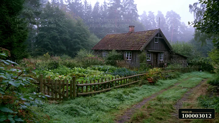 A cottage stands near the edge of a forest with a garden and a dirt pathway visible.