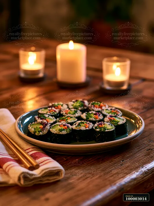 Sushi dinner under warm lighting features a plate of sushi rolls on a wooden table surrounded by candles.