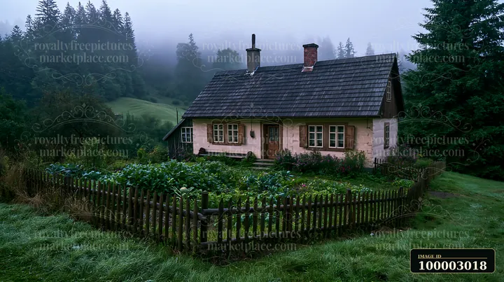 A cottage near forest edge sits on a hillside with a garden in front.