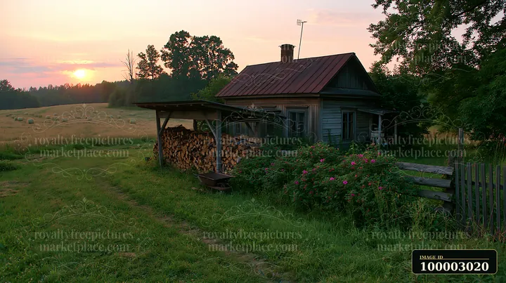 A rural cottage with firewood stack sits beside a field during sunset.