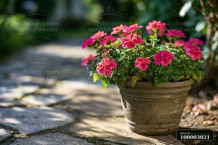 Bright verbena flowers in container stand on a stone path surrounded by green plants.