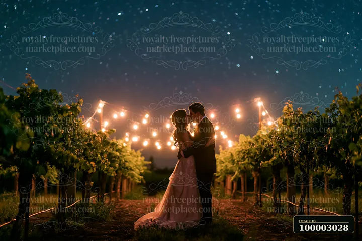 A couple stands closely together, sharing a kiss beneath a sky filled with stars.