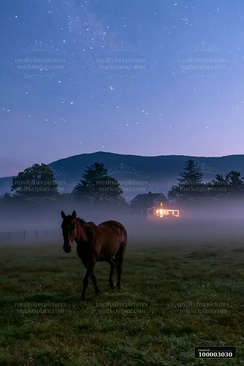 Horses crossing a field beneath stars in the night sky with a faint mist rising.