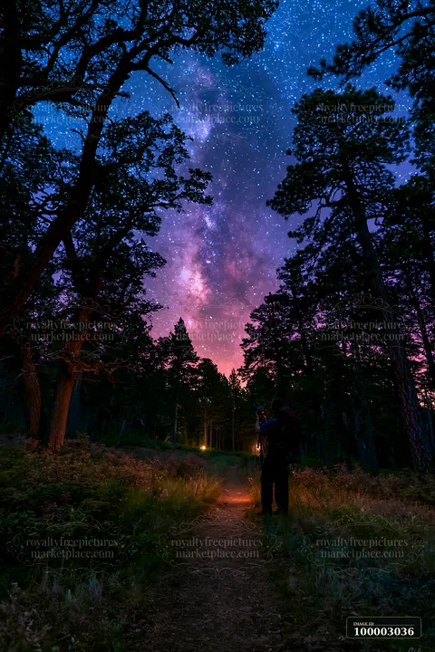 A person capturing the Milky Way beside a forest trail at night.