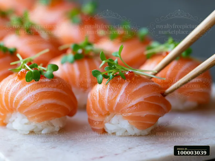 Sushi with microgreens close-up showcases salmon on rice with small greens.