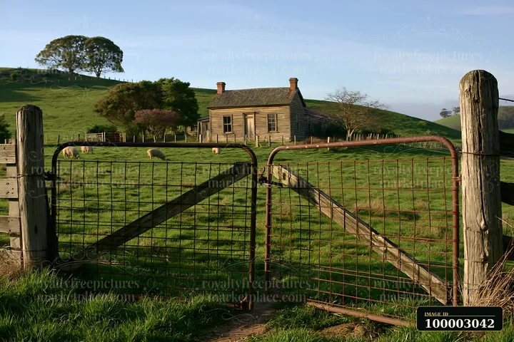 A rustic cottage stands on a hillside, observed through a metal gate.