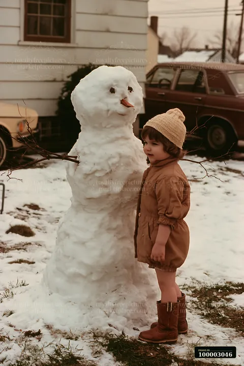 A young child stands next to a snowman in a snowy backyard during winter.