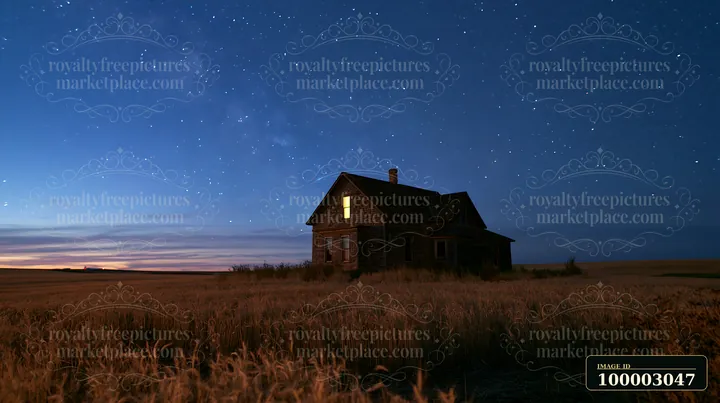 A farmhouse stands alone in a field below a star-filled night sky.