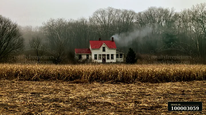 A rural cottage with chimney smoke stands in a field surrounded by bare trees.