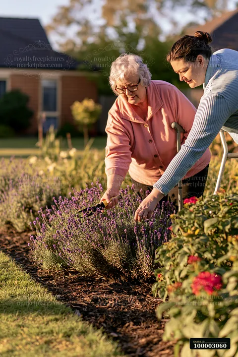 An elderly woman with Alzheimer's gardening with support from a caregiver in her backyard.