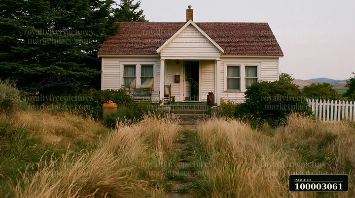 A country house with open front door stands in a field of tall grass.