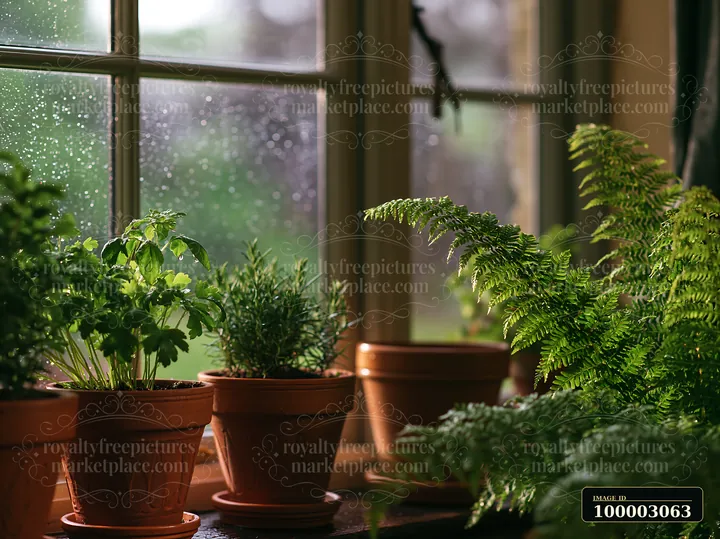 Raindrops can be seen on a cottage window while several potted plants sit on the windowsill.