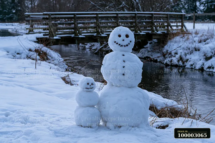 A small snowman beside a large snowman stands in a snowy area near a stream.