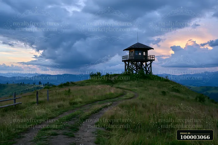 A lookout tower stands on a grassy hill as dark clouds gather, signaling a storm over the mountain range.