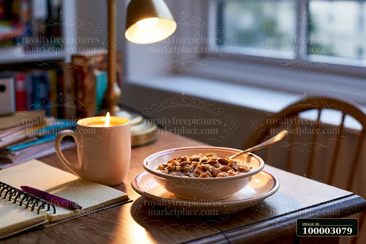A breakfast plate with muesli sits on a wooden table near a lit candle.