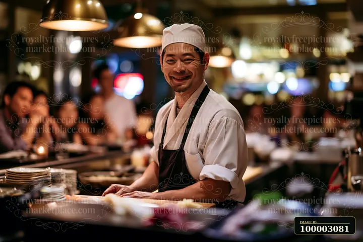 A sushi chef greeting diners at an upscale restaurant during the evening.