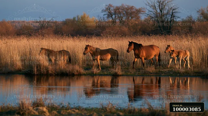 A wild horse herd walks through tall grass near a river in a vibrant autumn landscape.