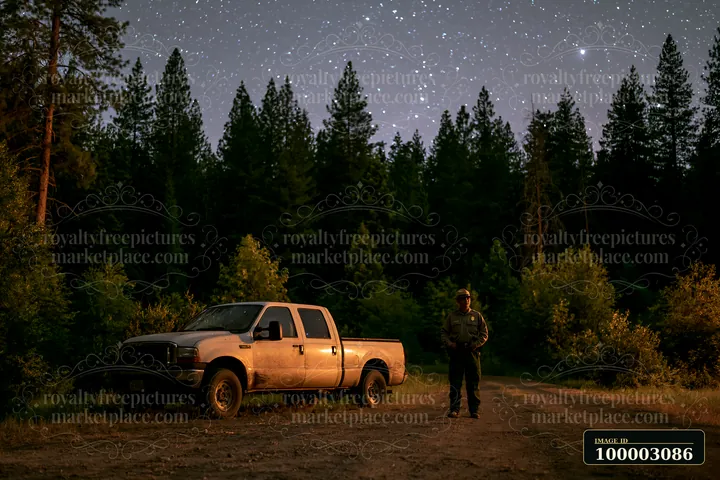 A person stands beside a pickup truck on a dirt road in a pine forest under a starry night sky.