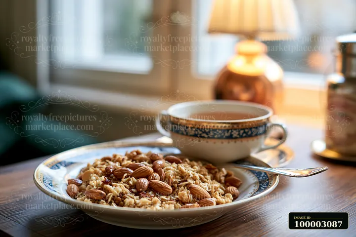 A breakfast plate with muesli sits on a wooden table beside a cup of tea.