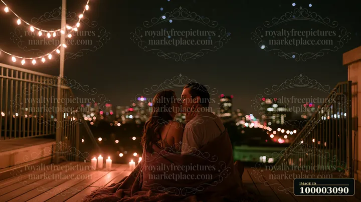 A couple kisses on a rooftop at night, wrapped in a blanket.