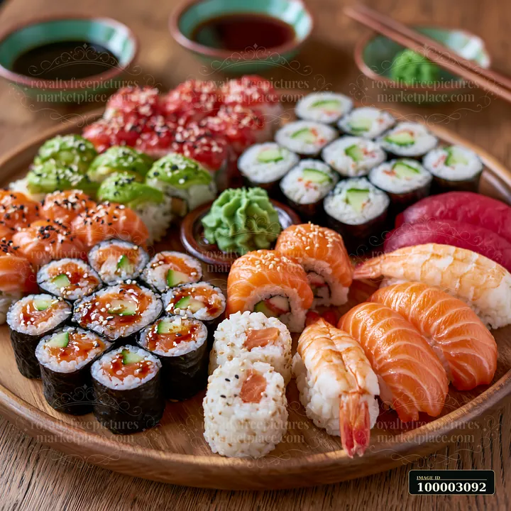 An assorted sushi platter on wooden table displays various types of sushi including rolls, sashimi, and wasabi.