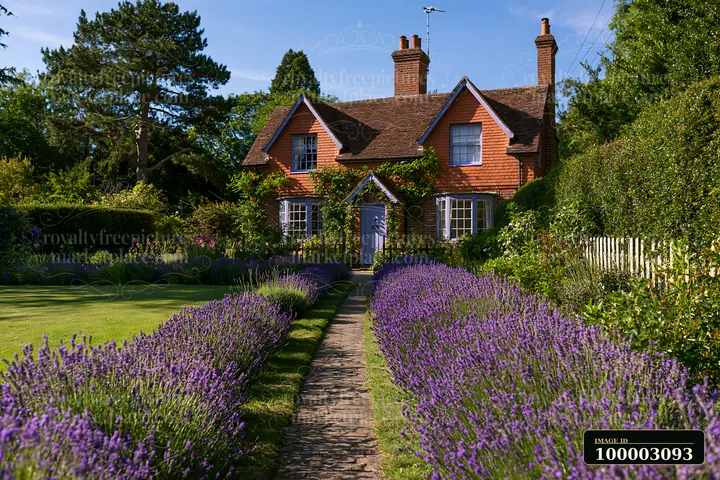 A country house surrounded by hedges features a stone path leading to the entrance, with vibrant lavender flowers lining the walkway in a sunny setting.