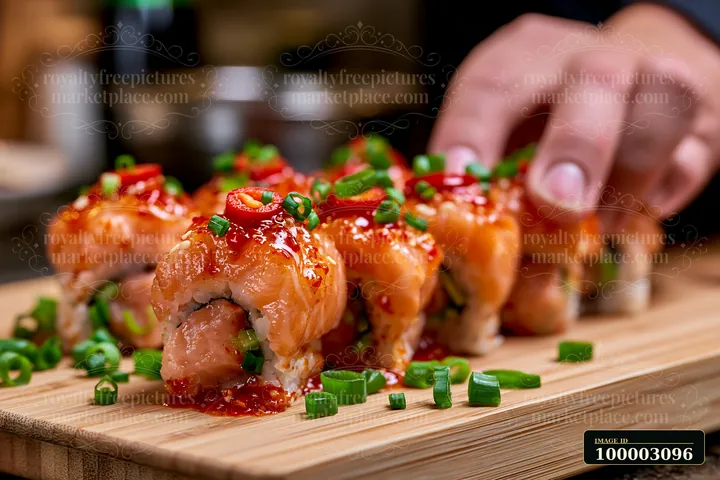 A hand reaches for a spicy salmon sushi roll with chili placed on a wooden board.