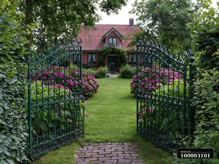 A traditional country house exterior features a well-kept garden with colorful flowers and a green wrought-iron gate.