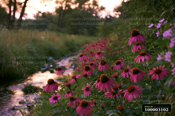 Echinacea flowers in prairie grow along a small stream as the sun sets.