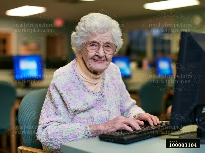 A senior woman types on a computer keyboard with shaky hands in a library setting.
