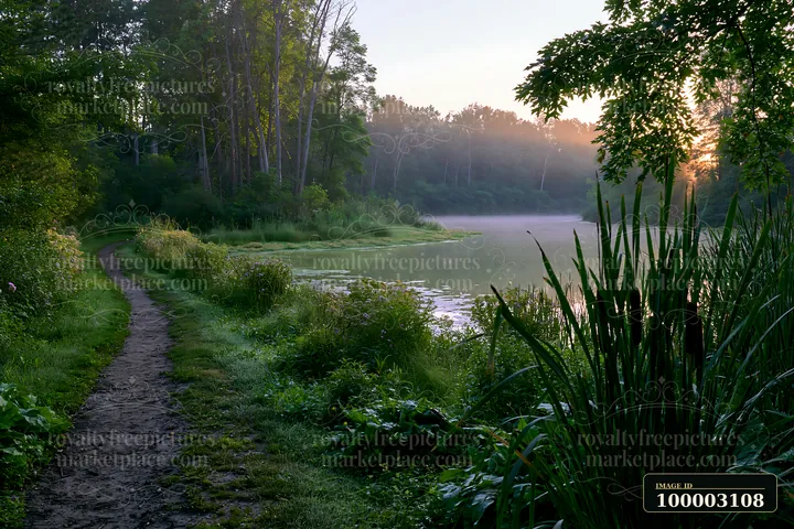 A walking path leads through island flowers surrounding a natural pond in a quiet setting.