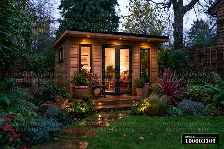 The garden studio features warm illumination at the entrance, surrounded by lush greenery and plants.