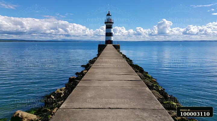 A lighthouse with black and white stripes stands at the end of a pier, surrounded by calm water and blue skies.