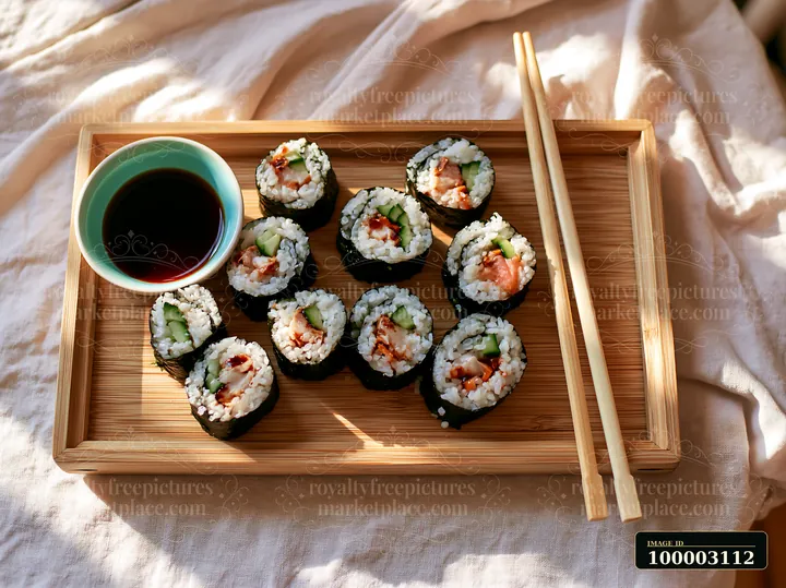 Fresh sushi rolls served on a bamboo tray with a small bowl of soy sauce and chopsticks beside it.