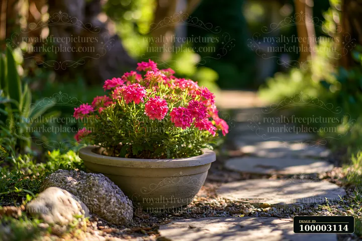 Colorful verbena flowers in container sit by a stone pathway surrounded by green foliage.