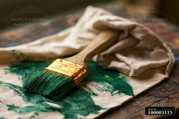 A green paintbrush rests on cloth showing oil paint smears on canvas cloth.