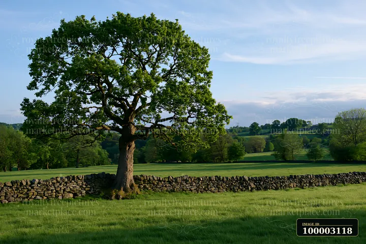 A lone tree in meadow grows beside a stone wall, surrounded by green grass and distant hills under a clear sky.