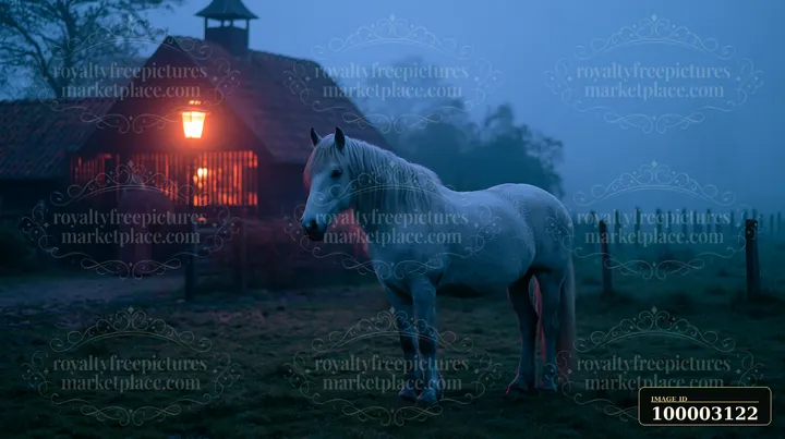 A white horse stands near a stable, softly illuminated by a lantern.