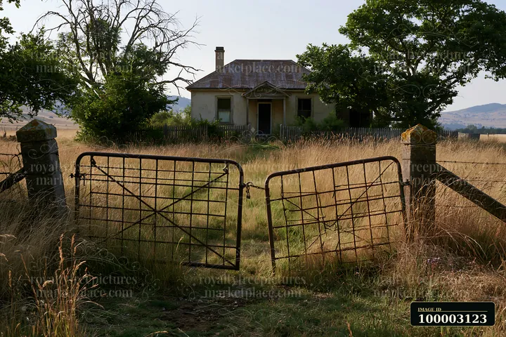 A rural cottage is seen through a rusty gate, surrounded by tall grass and trees.