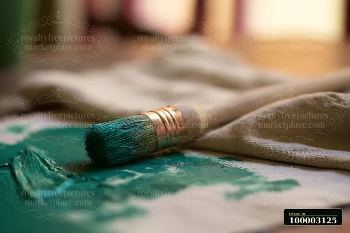 A paintbrush lies on canvas cloth with smears of green oil paint.