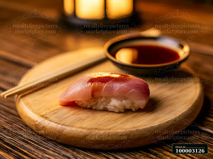 One nigiri beside soy sauce dish sits on a wooden plate with chopsticks nearby.