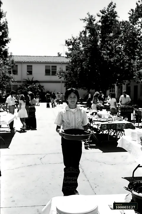 A boy holds a tray of food at a community potluck buffet held outdoors in a school yard.