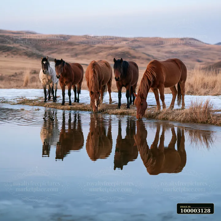 A herd of wild horses stands at the edge of a pond, drinking water during the late afternoon.
