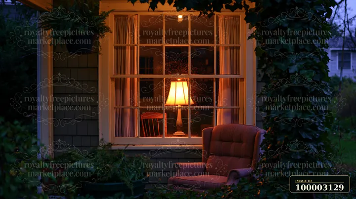Raindrops on cottage window with warm lamp glow illuminate the room.