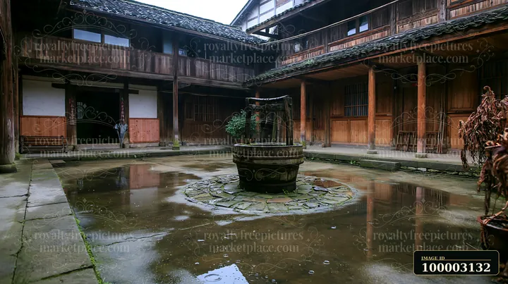 A rustic farmhouse courtyard with well stands in the center, featuring wooden structures around it.