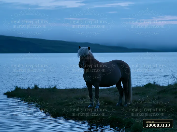 Wild horses are standing near a lake at night, with soft light reflecting off the water.