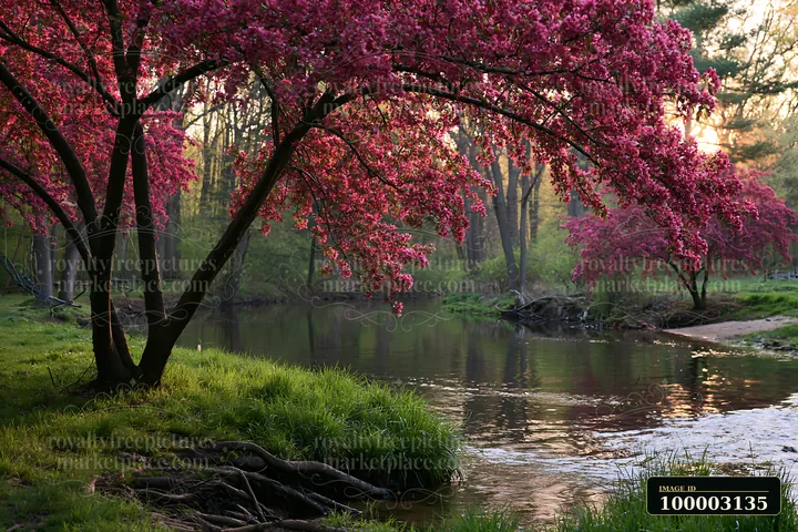 Red crabapple trees flowering in spring frame a calm riverbank surrounded by green grass and trees.
