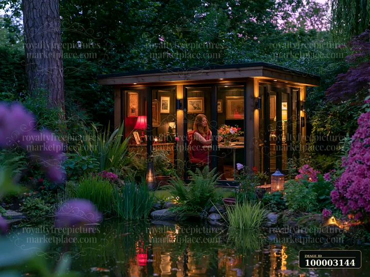 A woman sits in a luxury outdoor office in a garden at dusk, surrounded by flowers and greenery.