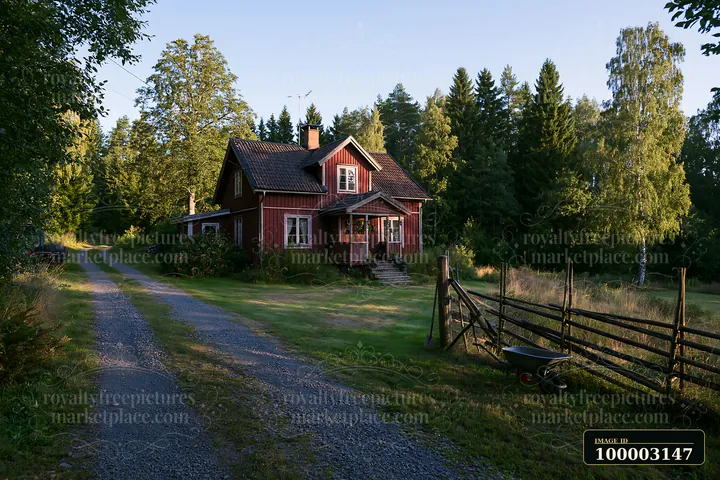 A red cottage stands at the edge of a forest with a gravel path leading to it.