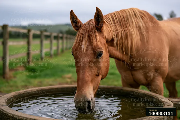 A horse stands near a water trough in a paddock while it rains.